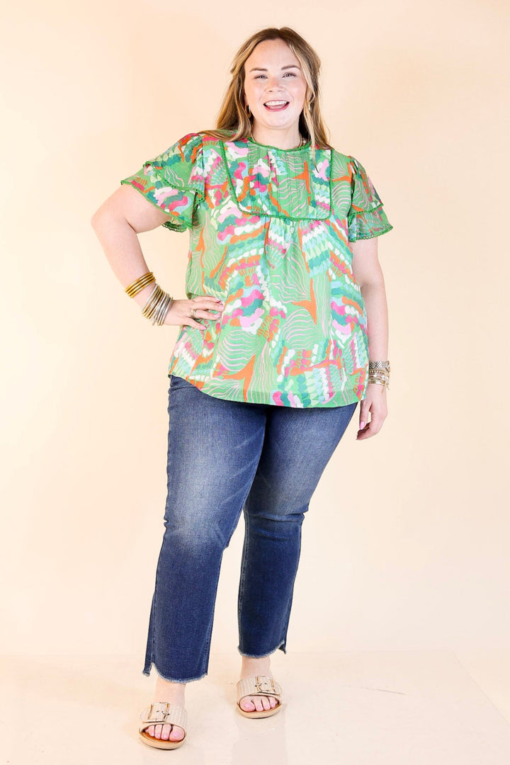 Lovely Dreams Abstract Print Blouse with Lace Detailing in Green