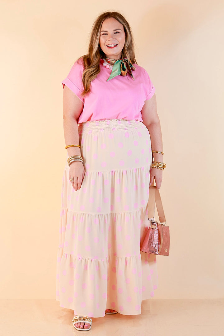 Sweet Spot Polka Dot Print Tiered Maxi Skirt with Elastic Waistband in Cream and Pink