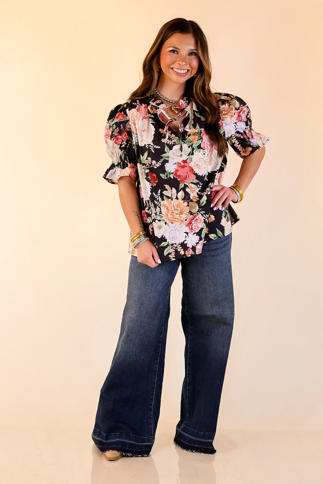 Freshly Picked Floral Print Top with Short Puff Sleeves in Black