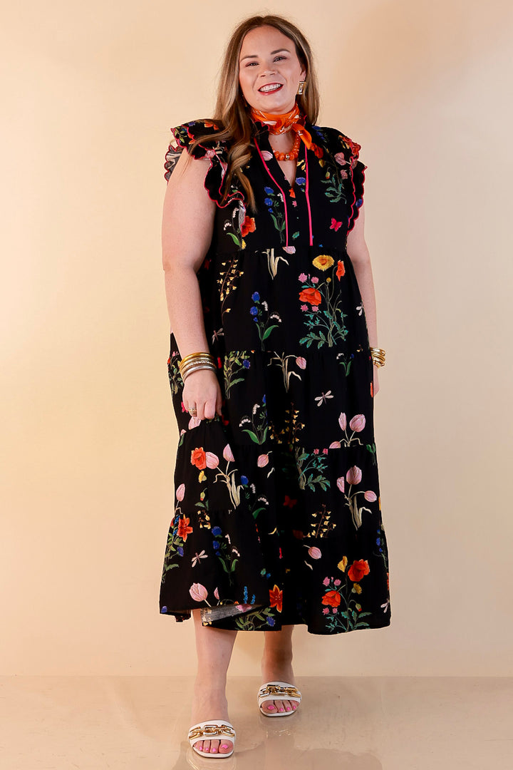 Flourishing Charm Floral Ruffle Cap Sleeve Tiered Midi Dress in Black