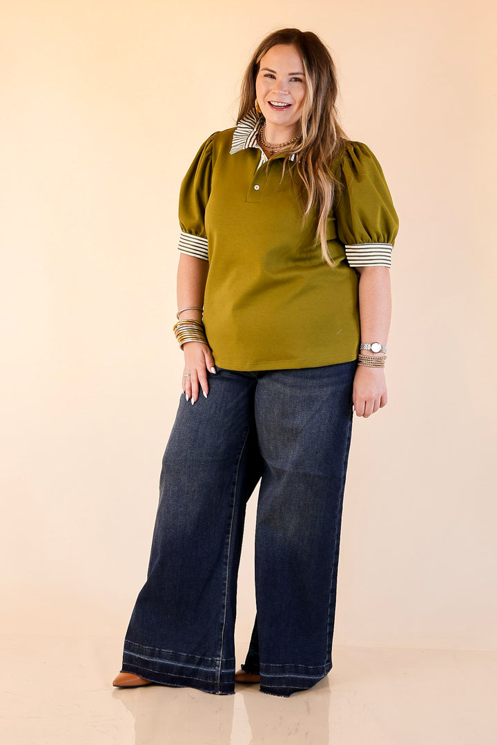 Refined Edge Short Puff Sleeve Top with Striped Collar in Olive Green