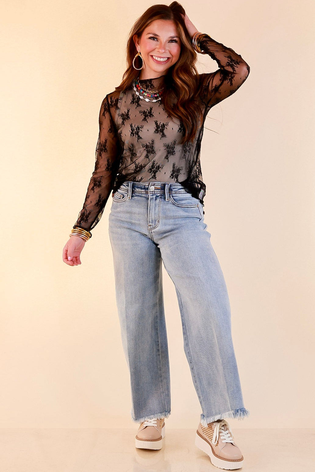 Delicate Charm Long Sleeve Sheer Lace Top with Mock Neck in Black