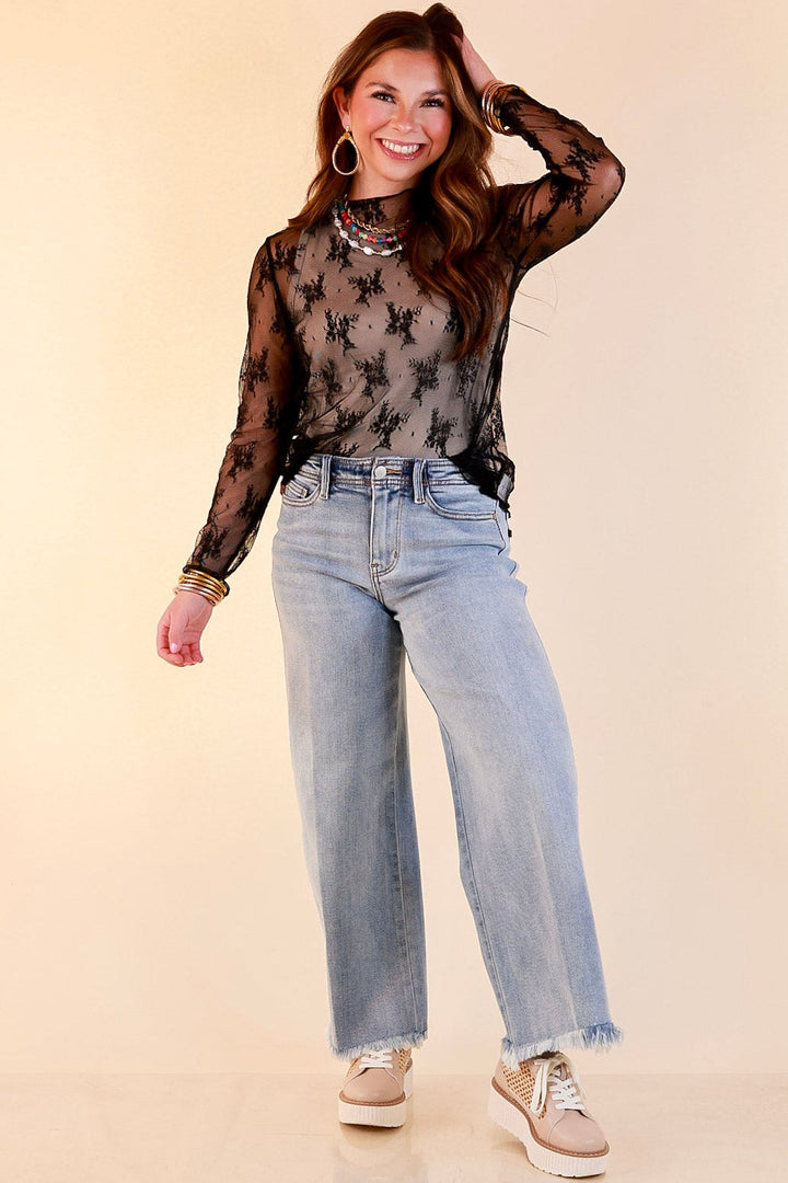 Delicate Charm Long Sleeve Sheer Lace Top with Mock Neck in Black