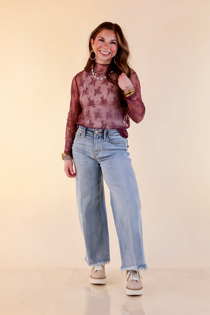 Delicate Charm Long Sleeve Sheer Lace Top with Mock Neck in Dark Purple