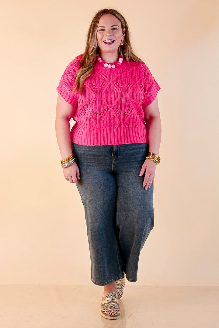 Knit to Last Cable Knit Short Sleeve Sweater Top in Hot Pink