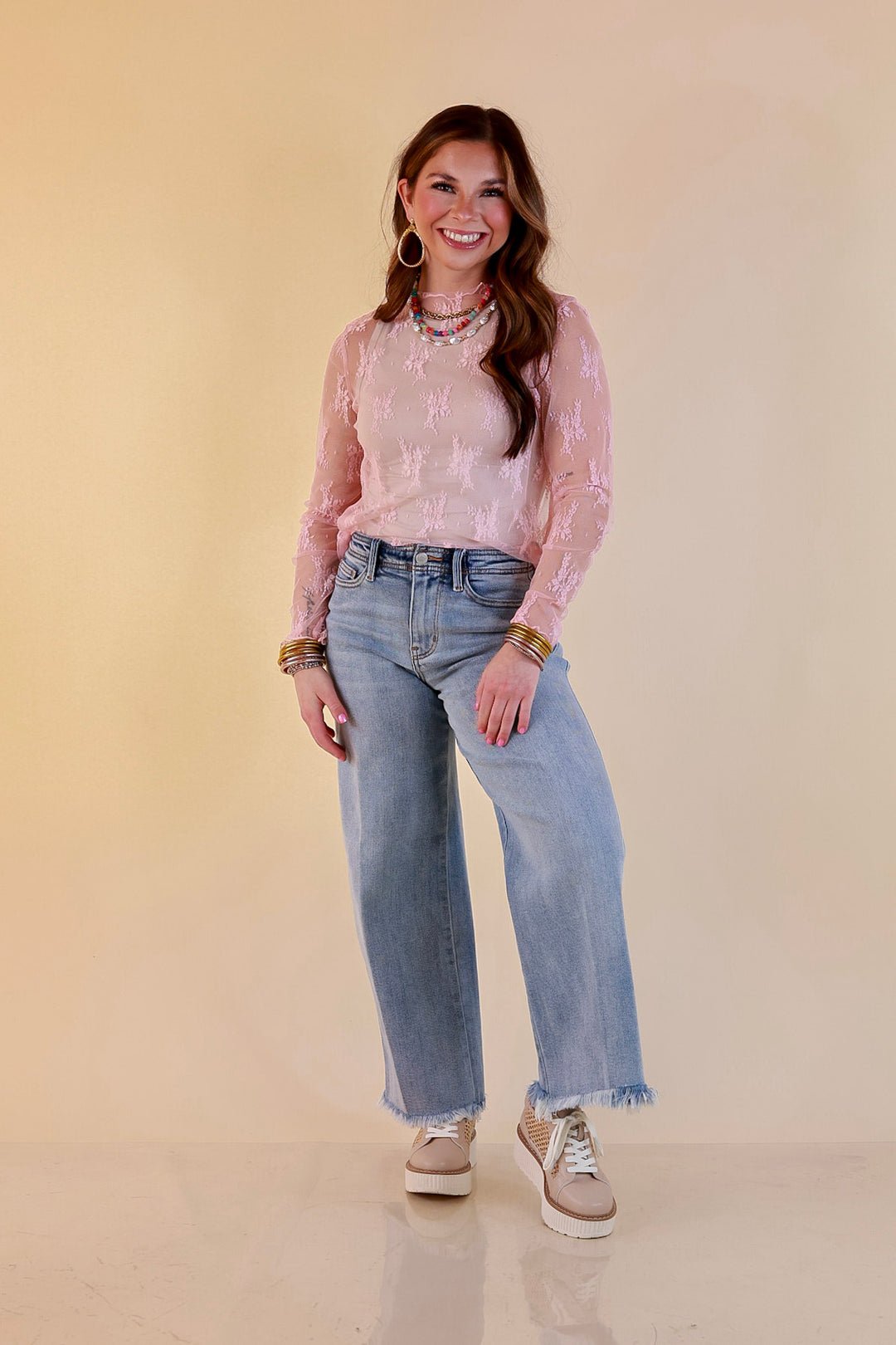 Delicate Charm Long Sleeve Sheer Lace Top with Mock Neck in Pale Pink