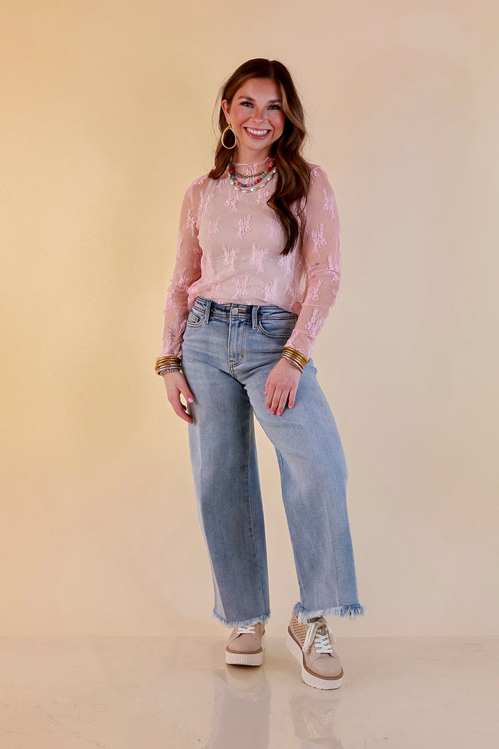 Delicate Charm Long Sleeve Sheer Lace Top with Mock Neck in Pale Pink