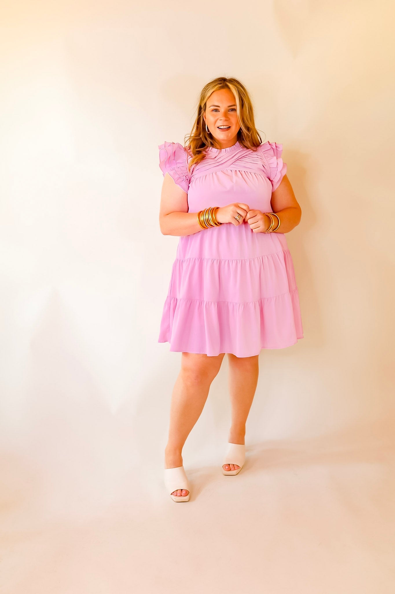 Chic On Scene Ruffle Tiered Dress with Pleated Detailing in Light Pink - Giddy Up Glamour Boutique