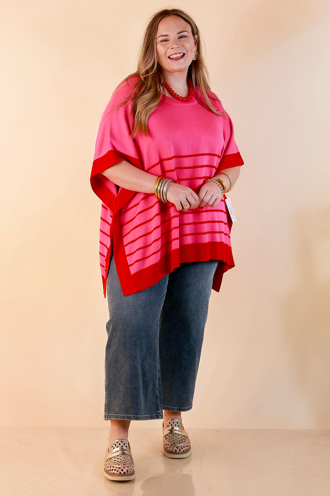 Casual to Chic Short Sleeve Striped Poncho Top in Pink and Red