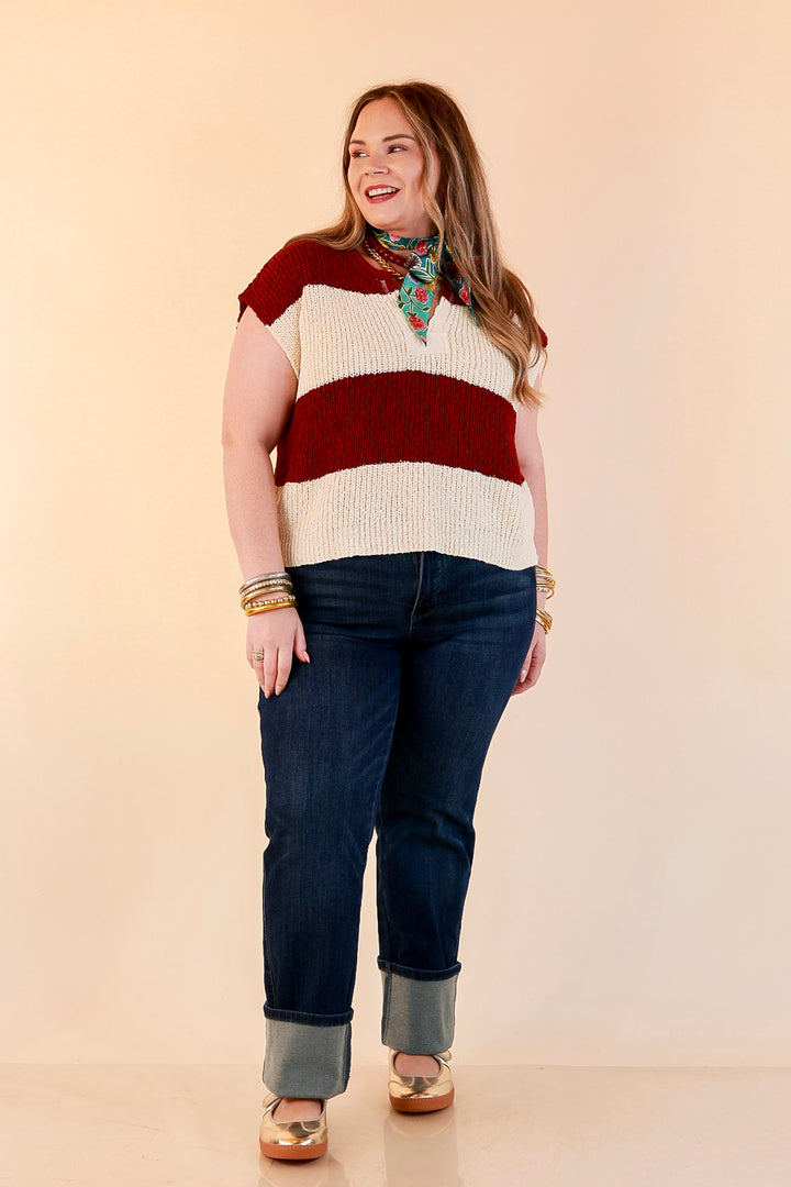 The Style Standard Striped Sleeveless Sweater Knit Top in Burgundy and Ivory