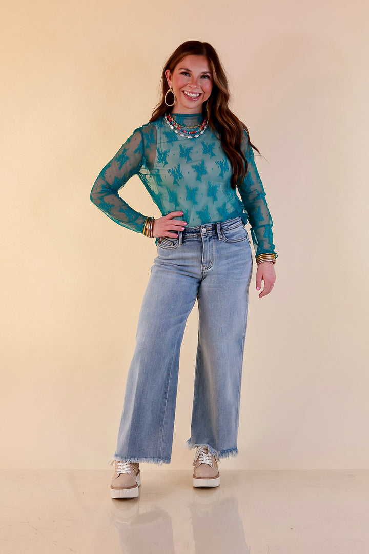 Delicate Charm Long Sleeve Sheer Lace Top with Mock Neck in Turquoise Blue