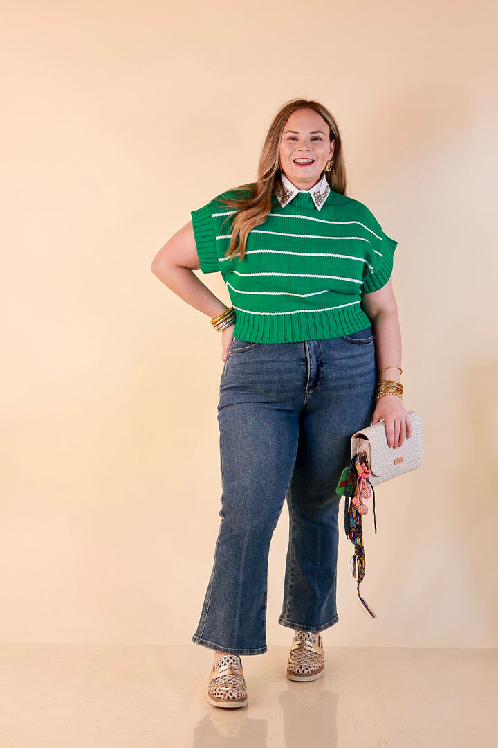 Sweet in Stripes Short Sleeve Striped Mock Neck Sweater in Kelly Green