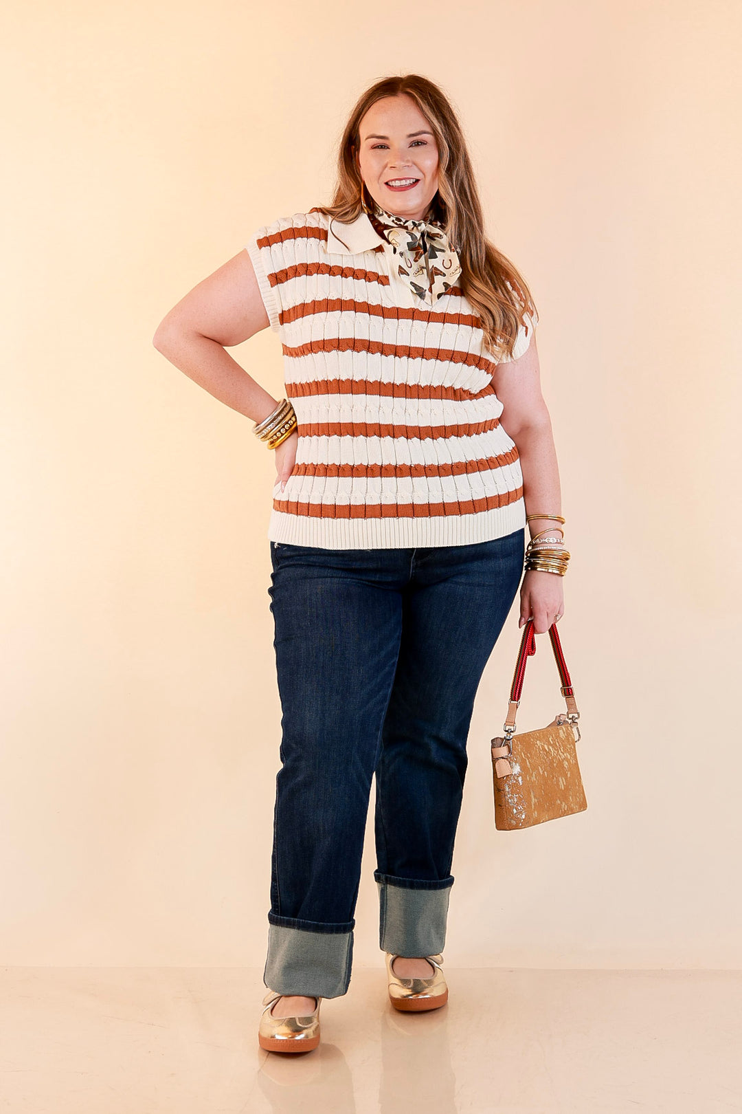Signature Stripe Drop Shoulder Cable Knit Collared Polo Top in Ivory with Camel Brown Stripes