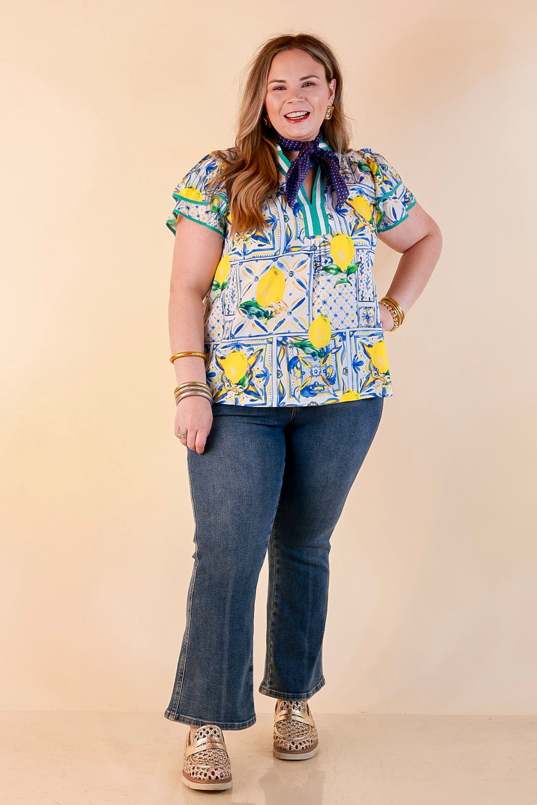 Amalfi Afternoon Lemon Tile Print Flutter Sleeve Split Neck Top in Ivory, Blue and Yellow