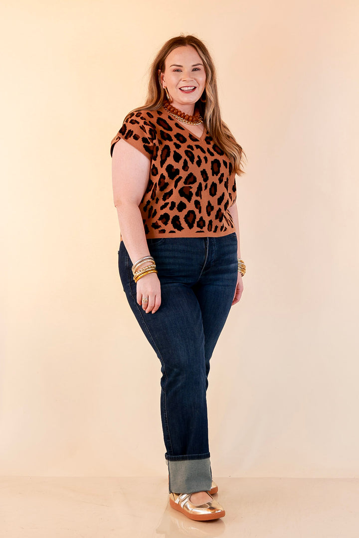 Natural Instinct Leopard Print V-Neck Sweater Knit Top in Camel and Black