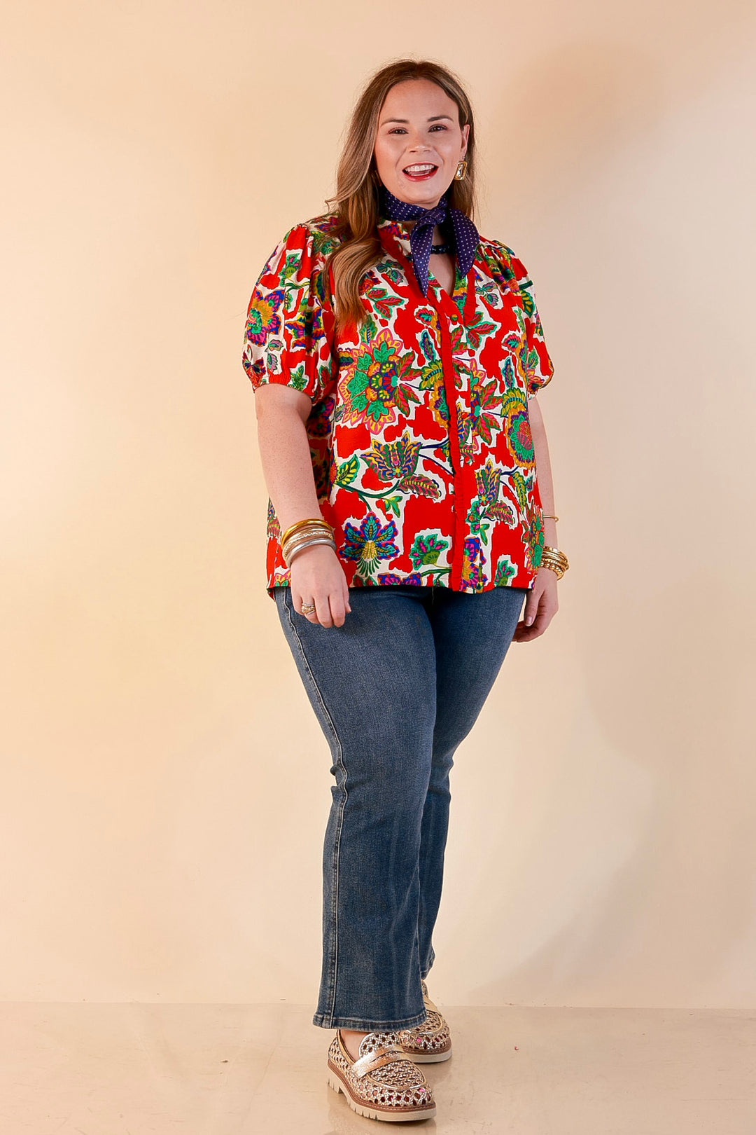 Petal Pop Floral Print Ruffle Front Button Up Top with Puff Sleeves in Red