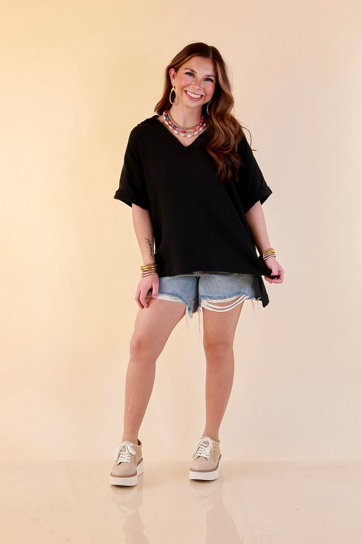 Quite Appropriate Short Sleeve Collared V Neck Linen Top with Rolled Sleeve Detail in Black