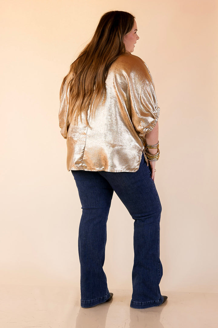 Naturally Stylish Shimmer Metallic Poncho Top in Gold