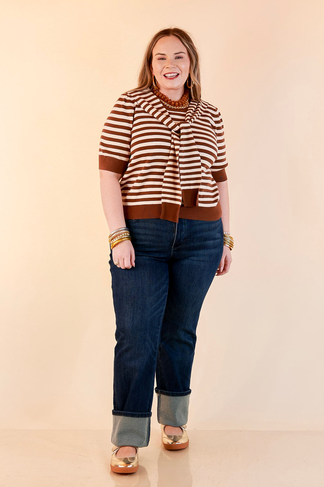 Leading Lady Faux Sweater Tie Detail Short Sleeve Striped Knit Top in Brown and Ivory