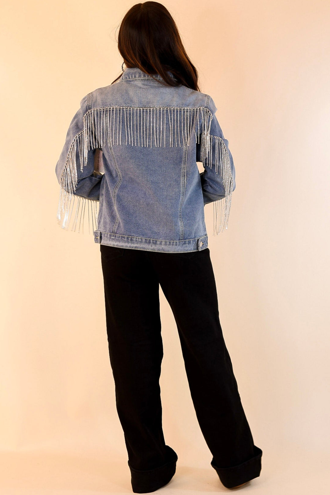 Rhinestone Cowgirl Crystal Fringe Denim Jacket in Medium Wash
