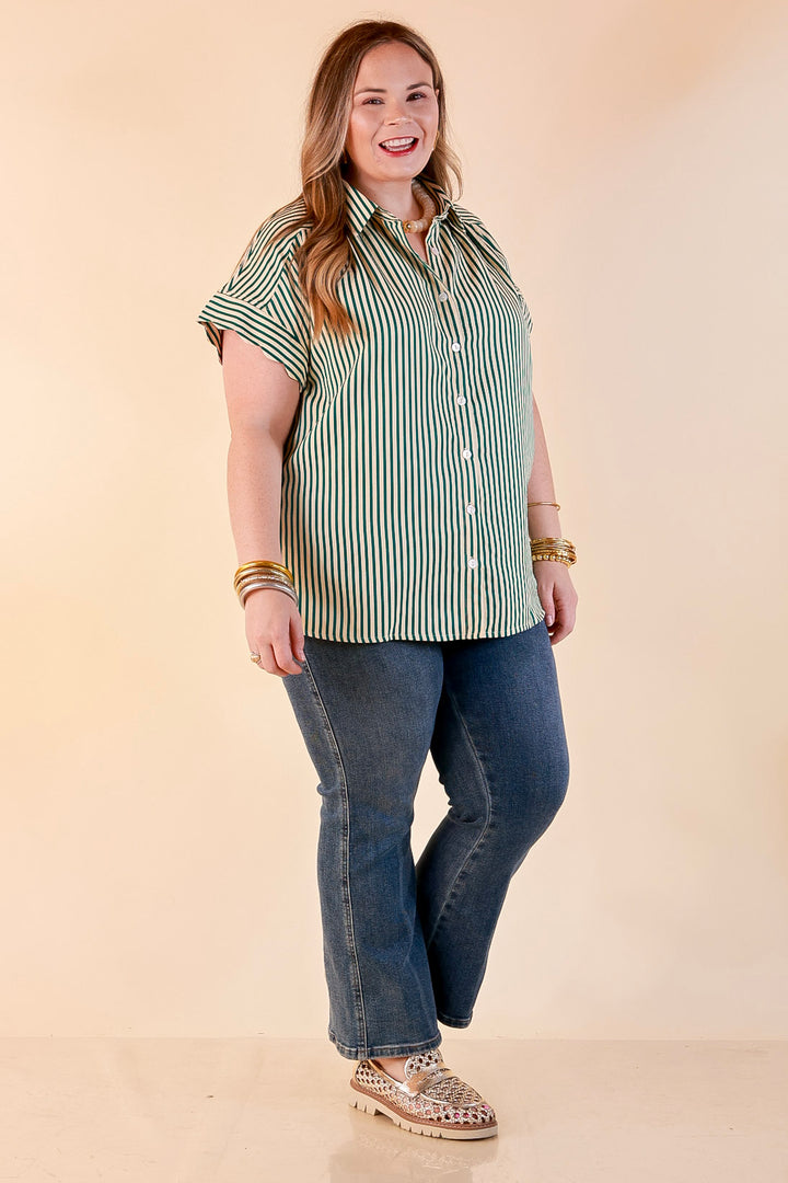 Closet Essential Striped Button Up Short Sleeve Collared Top in Green