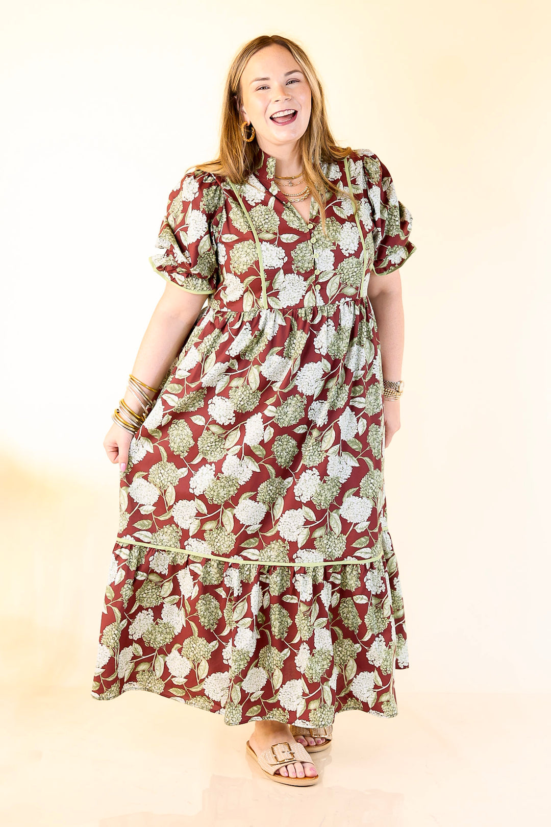 Petals & Poetry Hydrangea Floral Puff Sleeve Tiered Maxi Dress in Maroon