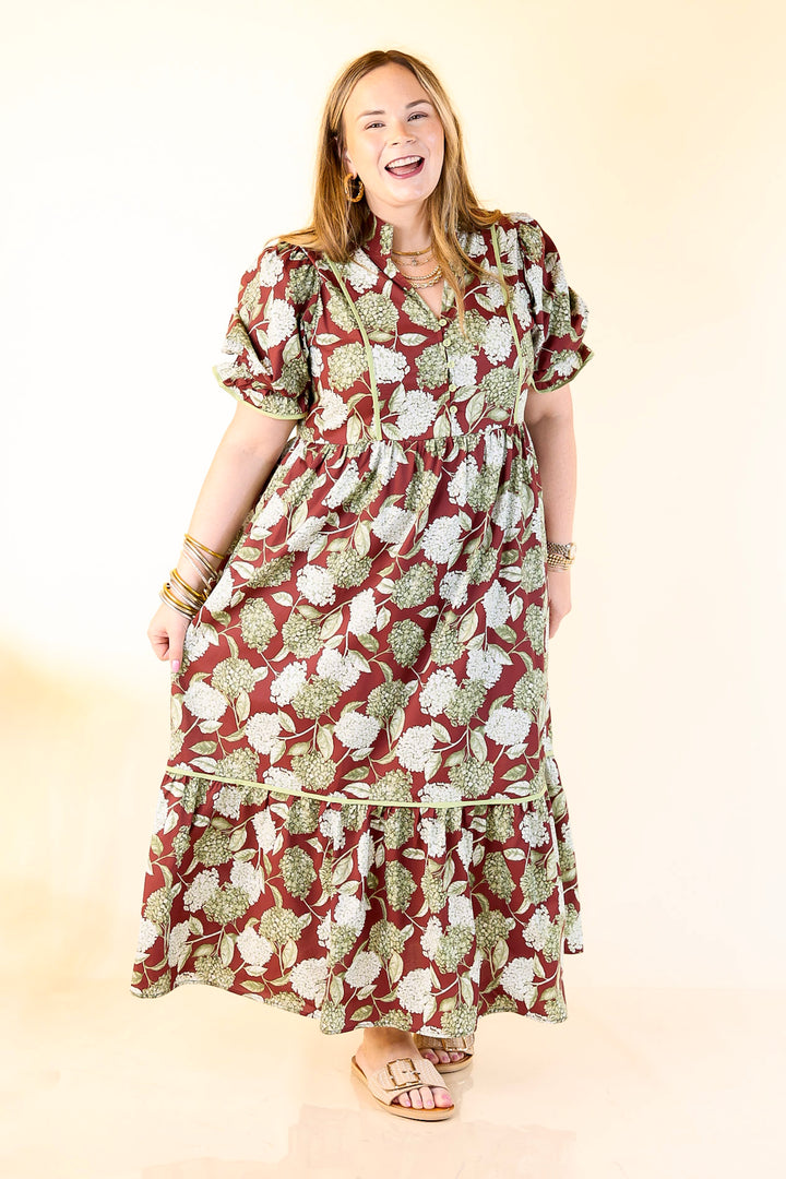 Petals & Poetry Hydrangea Floral Puff Sleeve Tiered Maxi Dress in Maroon