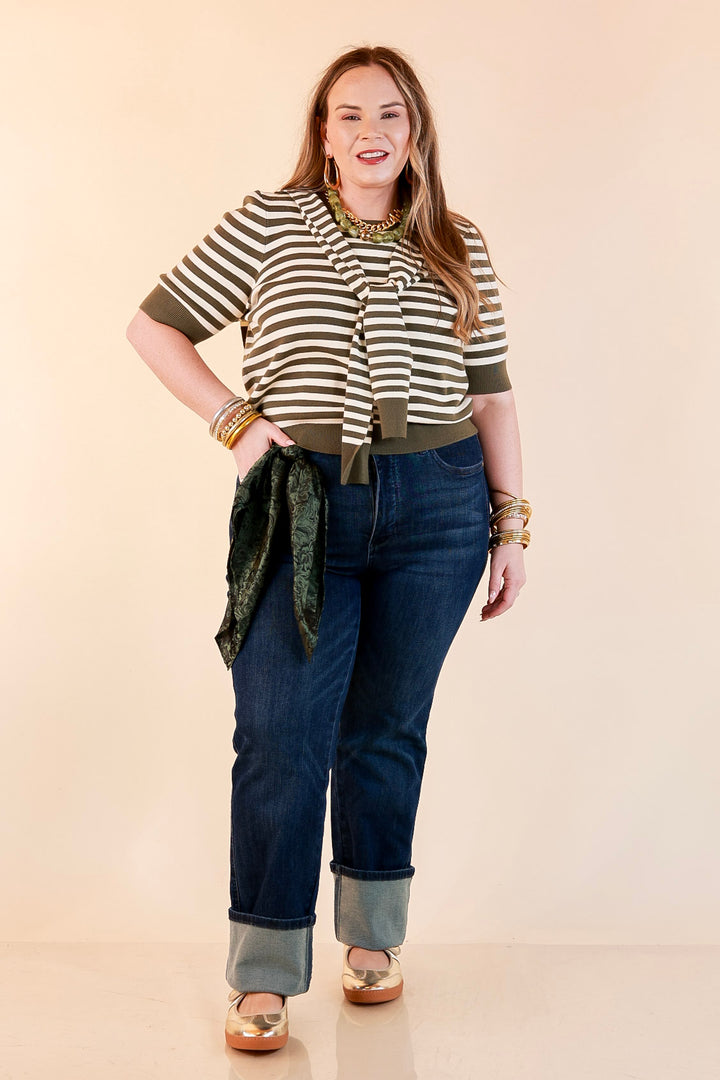 Leading Lady Faux Sweater Tie Detail Short Sleeve Striped Knit Top in Olive and Ivory