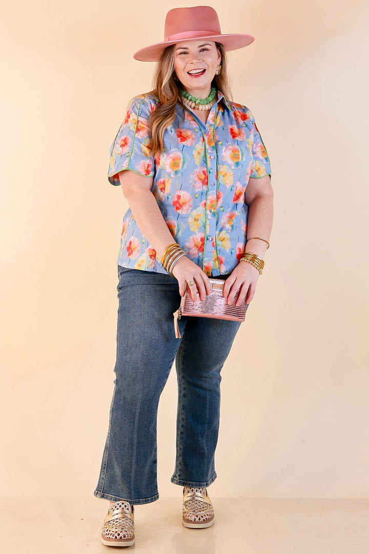 Petals and Plans Poppy Floral Print Button Up Collar Blouse in Dusty Blue