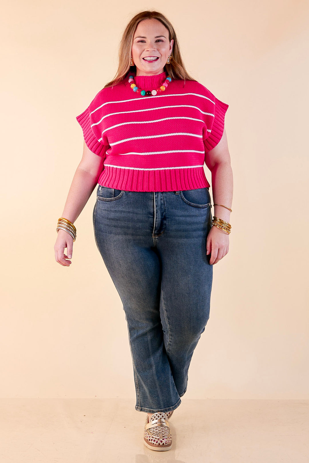 Sweet in Stripes Short Sleeve Striped Mock Neck Sweater in Hot Pink