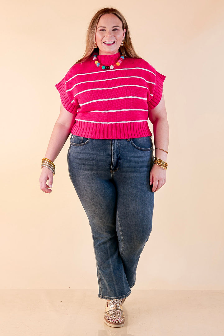 Sweet in Stripes Short Sleeve Striped Mock Neck Sweater in Hot Pink