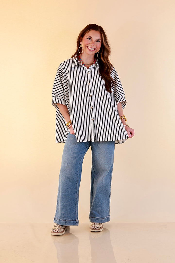 Effortlessly Aligned Button Down Collared Top with Vertical Ivory Stripe Detail in Black