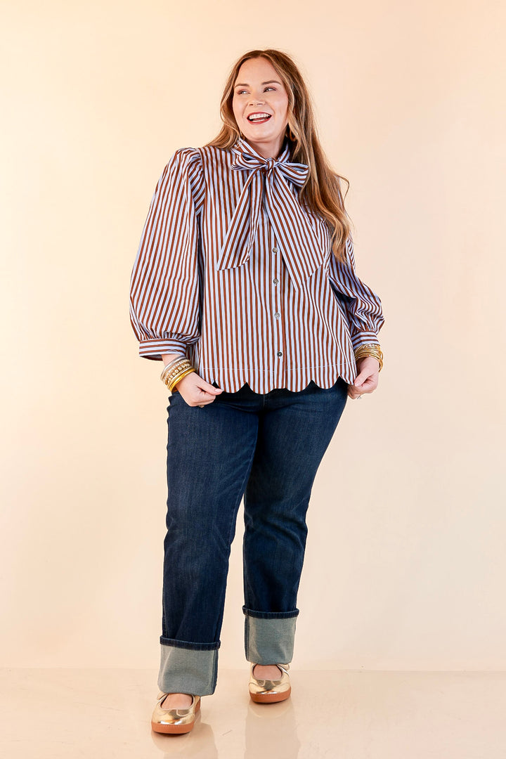 In Good Company Striped Bow Neck Scalloped Hem Blouse in Blue and Brown