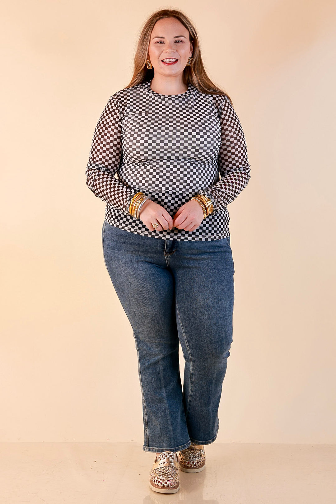 The Perfect Layer Checkered Print Sheer Mesh Long Sleeve Top in Black and White