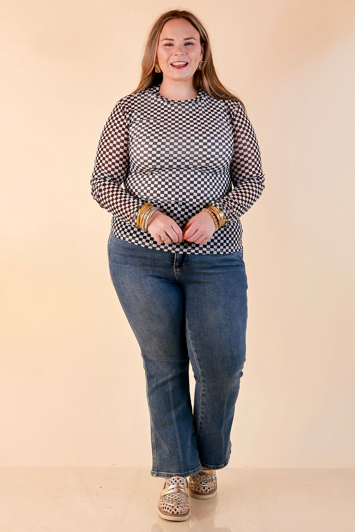 The Perfect Layer Checkered Print Sheer Mesh Long Sleeve Top in Black and White