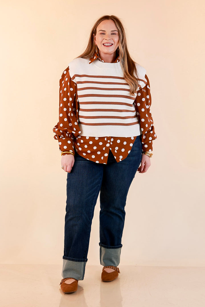 Stripe Things Up Drop Shoulder Knit Sweater in White with Tan Stripes