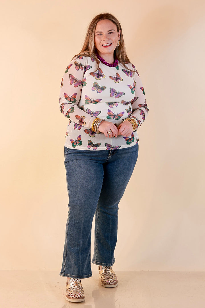 The Perfect Layer Butterfly Print Sheer Mesh Long Sleeve Top in Cream and Gemstone Colors