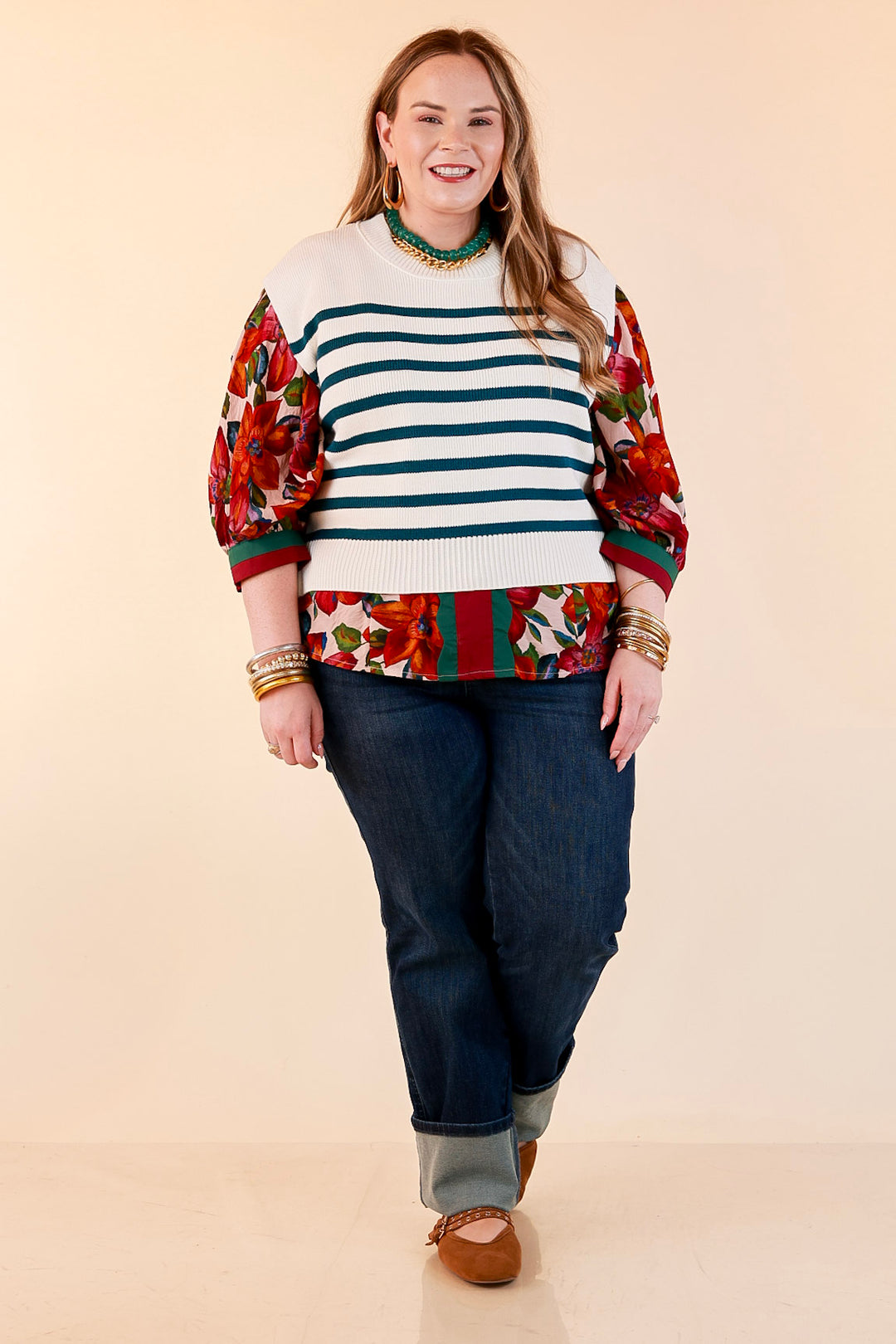 Stripe Things Up Drop Shoulder Knit Sweater in White with Teal Blue Stripes