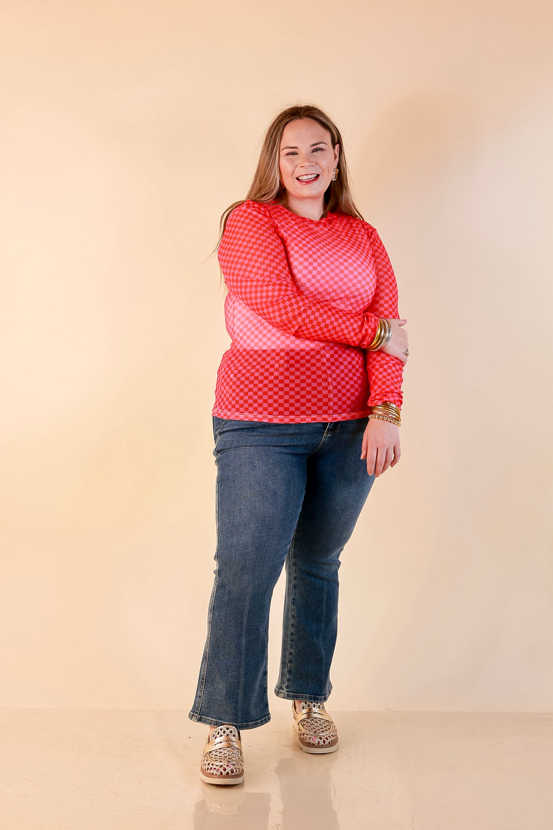 The Perfect Layer Checkered Print Sheer Mesh Long Sleeve Top in Red and Pink