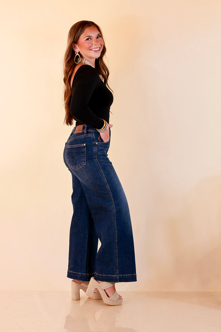 Judy Blue | Wide Open Style Ankle Length Cropped Wide Leg Tummy Control Trouser Denim Jeans in Dark Wash