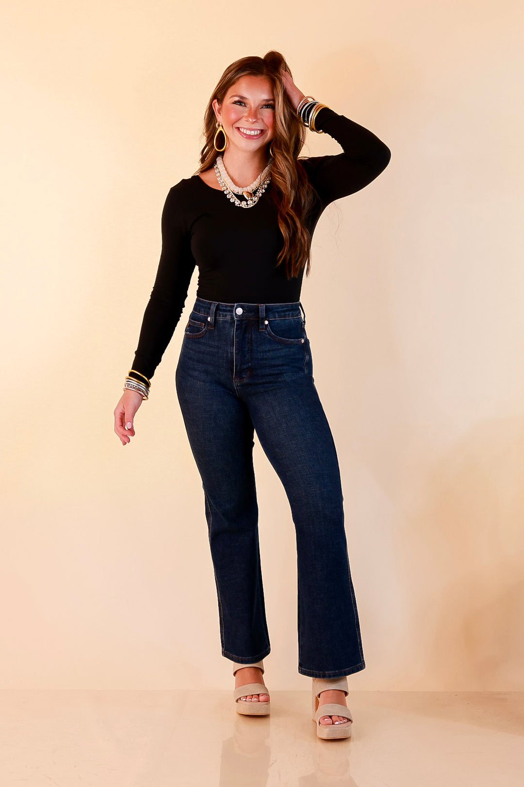 Judy Blue | Kick it Classic Tummy Control Cropped Kick Flare Jean in Dark Rustic Indigo Wash