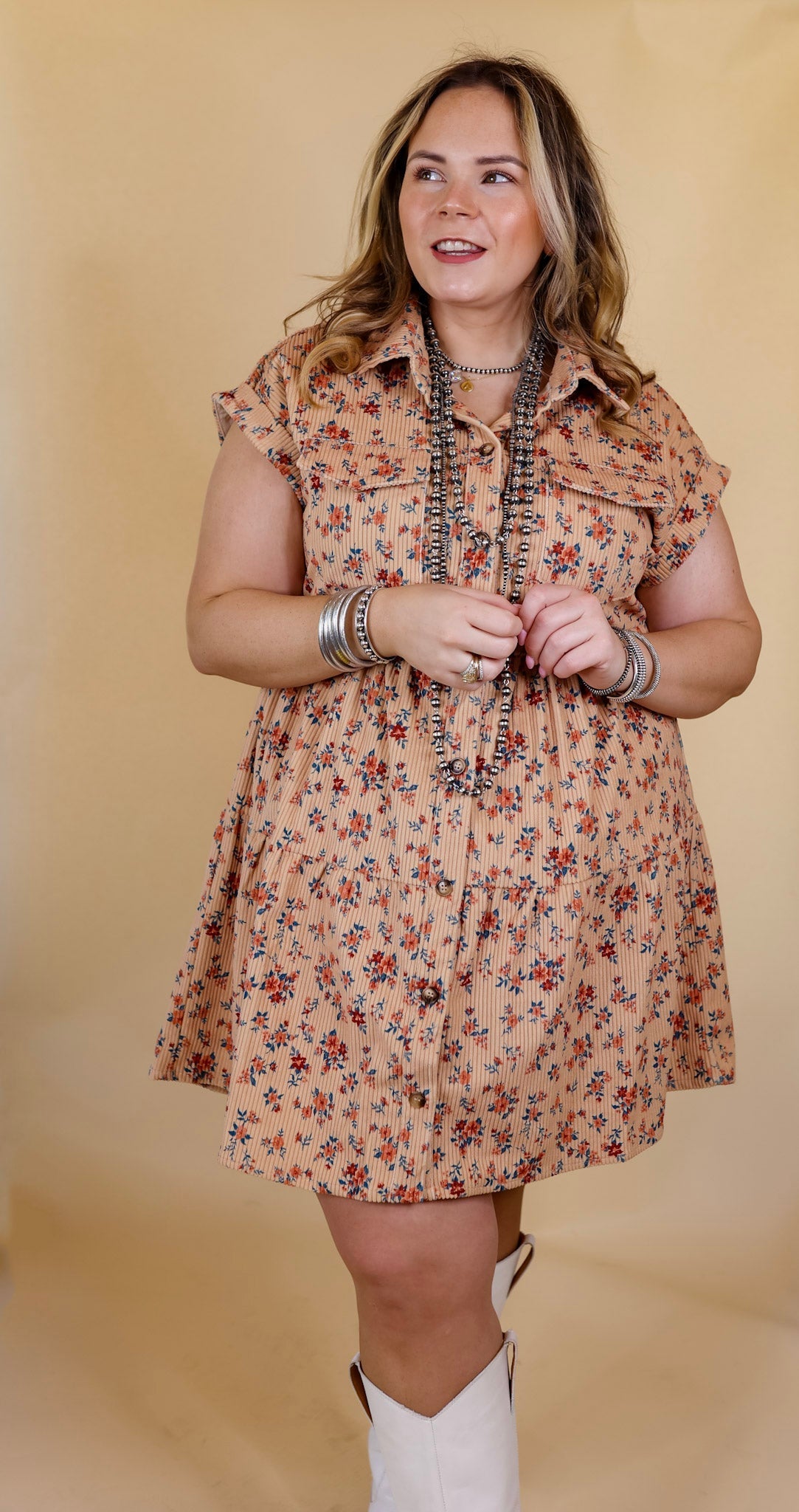 Latest Obsession Button Up Floral Corduroy Dress in Tan - Giddy Up Glamour Boutique