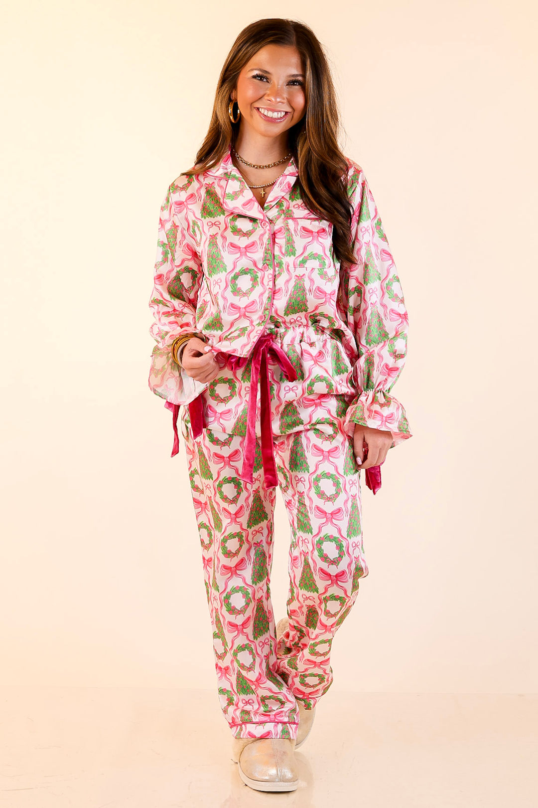 Simply Southern | Sweet Slumber Matching PJ Satin Set with Bow Detailing and Christmas Trees in Ivory