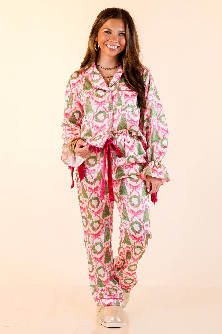 Simply Southern | Sweet Slumber Matching PJ Satin Set with Bow Detailing and Christmas Trees in Ivory