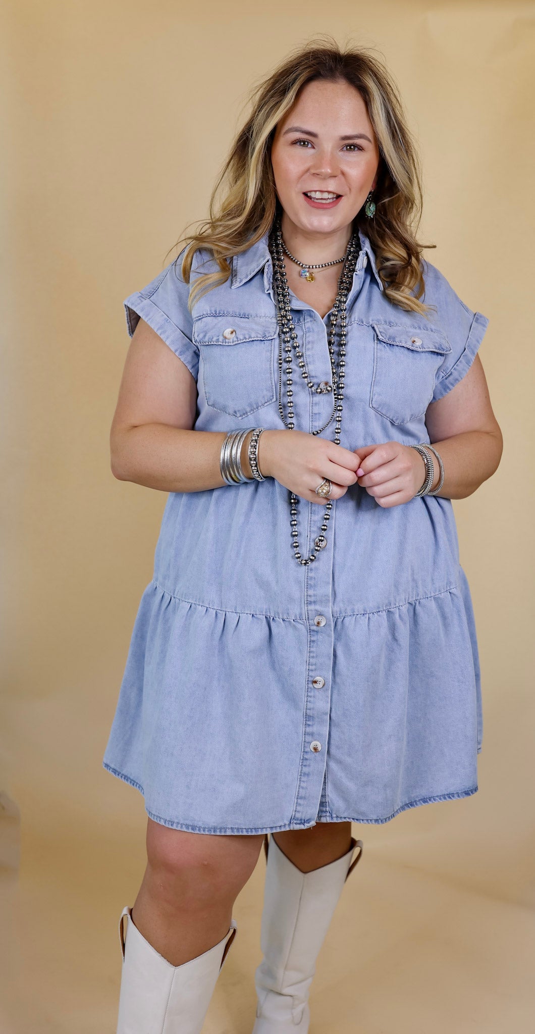 Latest Obsession Button Up Denim Tiered Dress in Light Wash - Giddy Up Glamour Boutique
