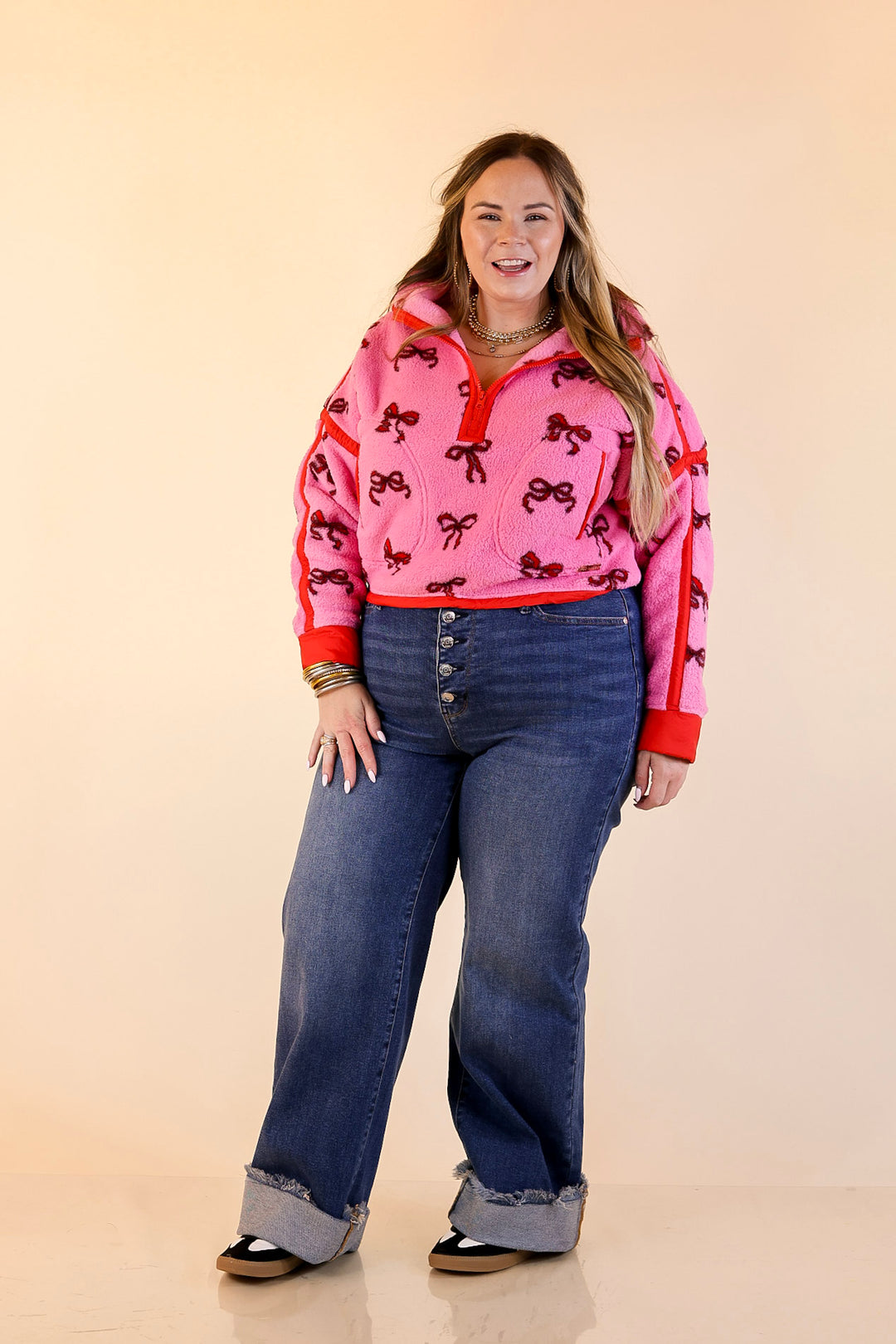 Simply Southern | Cozy Intentions Fleece Half Zip Pullover Jacket in Pink with Red Bows