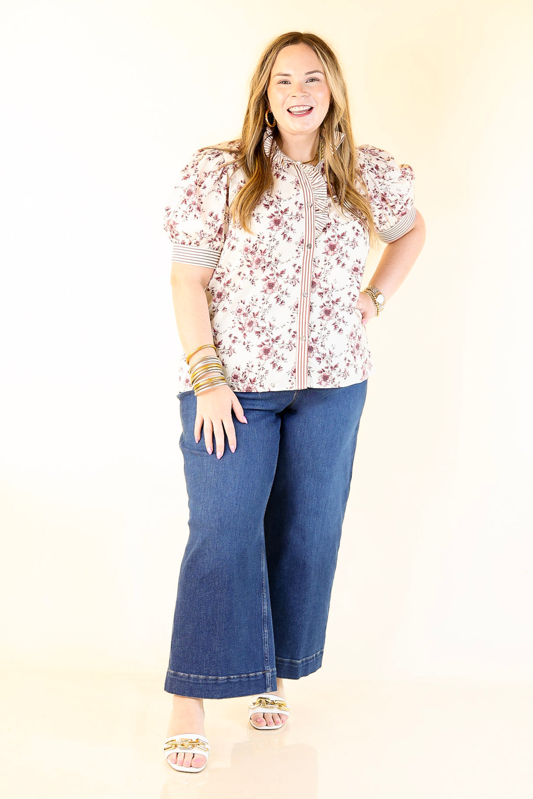 Timeless Beauty Button Up Puff Sleeve Top with Maroon Floral French Toile Print in Cream