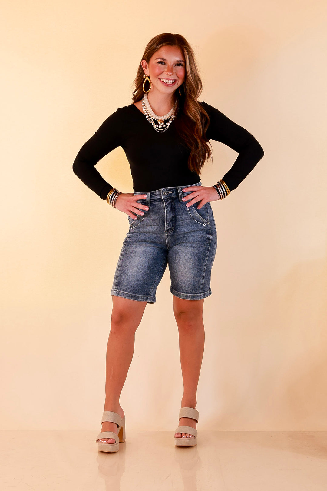 L&amp;B | Meet Me in Cheyenne Bermuda Denim Shorts in Medium Stone Wash