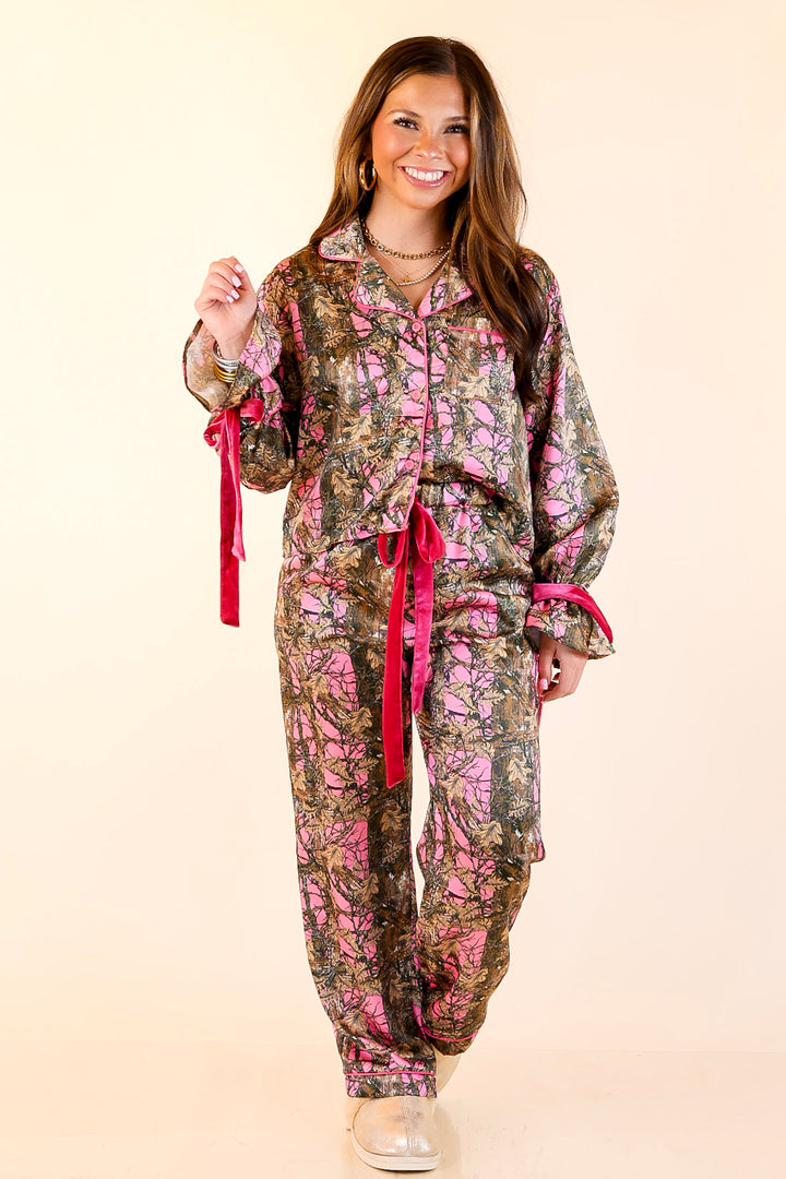 Simply Southern | Sweet Slumber Matching PJ Satin Set with Bow Detailing in Pink Camoflauge