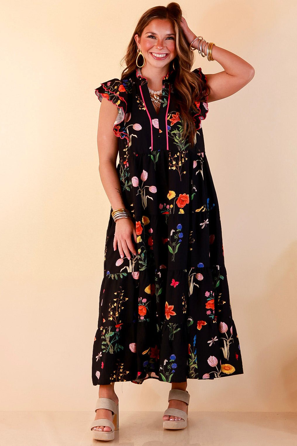 Flourishing Charm Floral Ruffle Cap Sleeve Tiered Midi Dress in Black